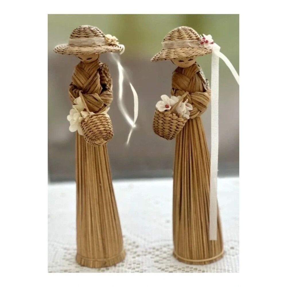 2 Artisan Corn Husk & Wood Dolls Broom Straw Girls Basket Flowers & Hat Vintage